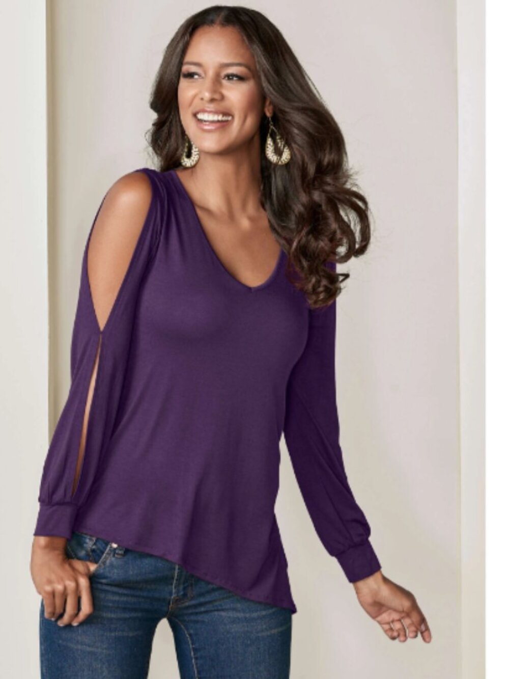 VENUS Purple Split Long Sleeve V Neck Asymmetrical Silky Knit Top Plus 1X